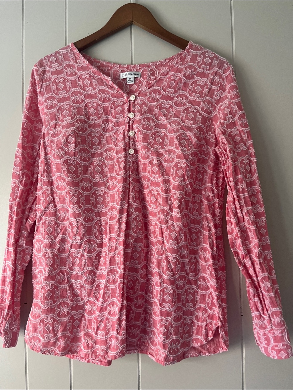 croft & barrow Pink White Printed Long-Sleeve Button Front Top